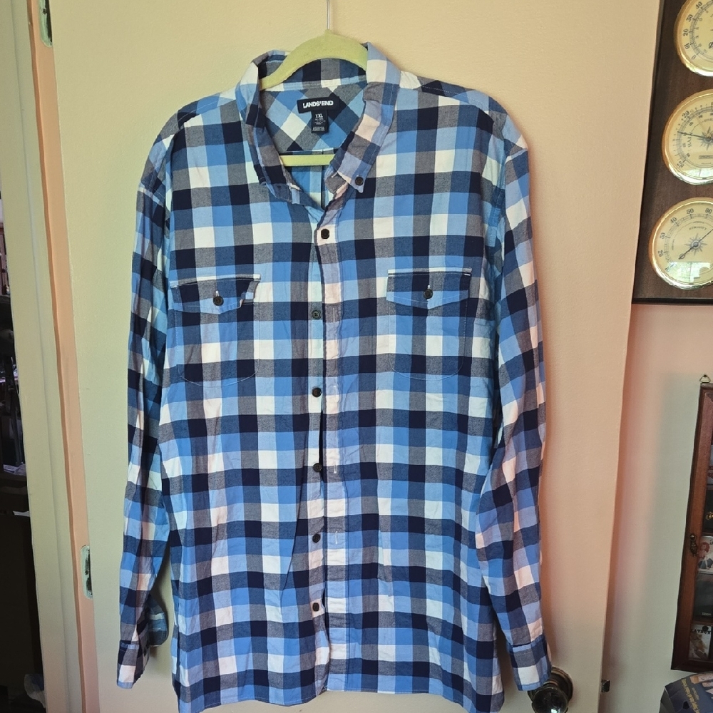 Lands' End Blue and White Casual Button Down Shirt
